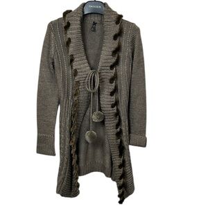 Lapis Brown Knit Cardigan Faux Fur Trim Pom Tie Sweater Women’s M‎